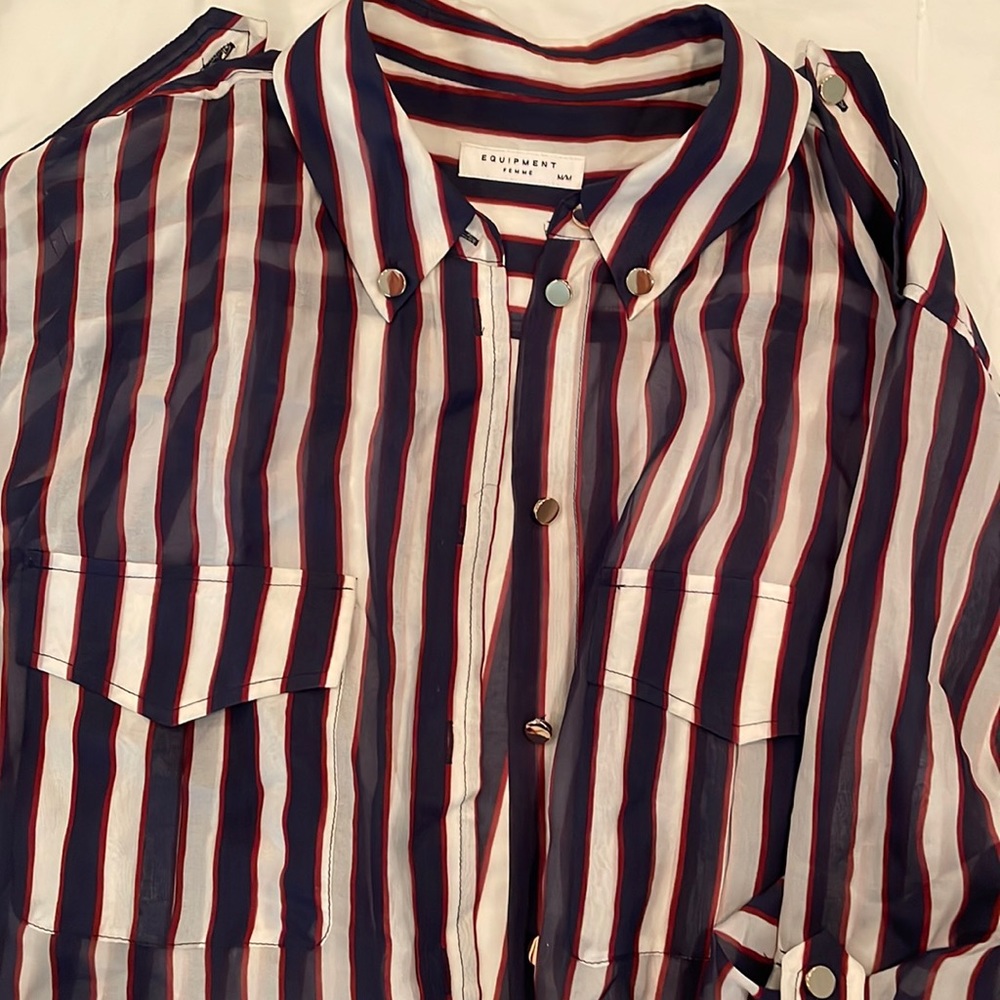 EQUIPMENT Blue white and red sheer blouse